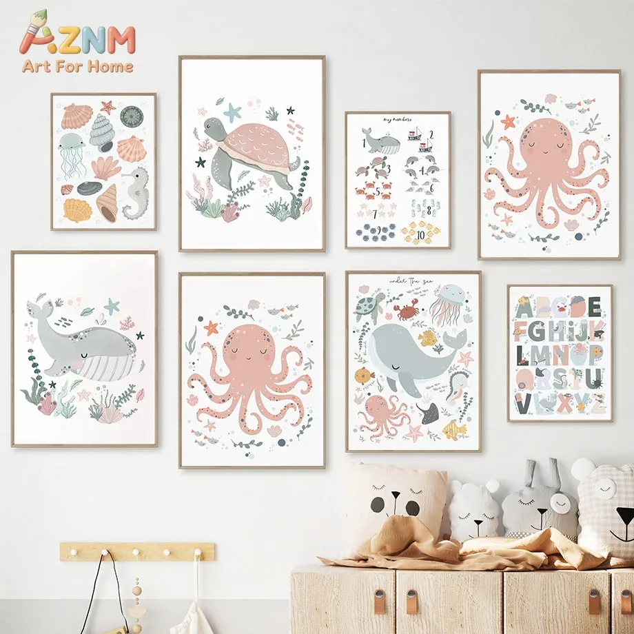 AZNM Nursery Sea Animal Canvas - Kids Educational Posters reseña y precio