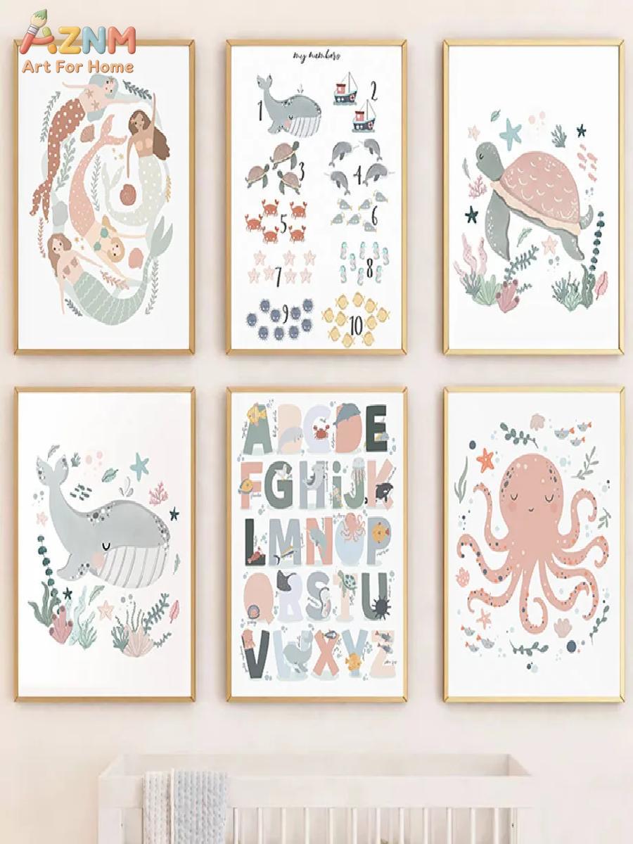 AZNM Nursery Sea Animal Canvas - Kids Educational Posters reseña y precio